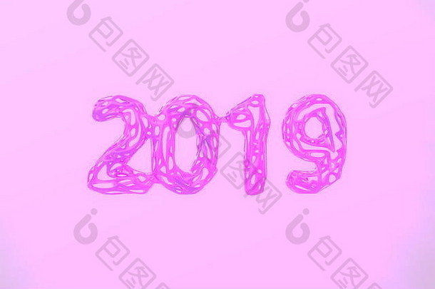 快乐一年横幅数字使塑料线孤立的时尚的粉红色的背景godrays光雾雾烟摘要插图