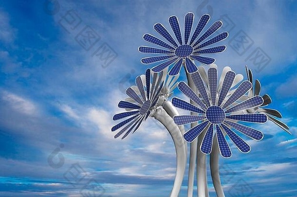 集团蓝色的花形状的太阳能面板花瓣长白色阀杆蓝色的天空背景插图