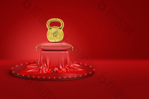 呈现金壶铃重量红色的缓冲基座覆盖红色的布红色的背景