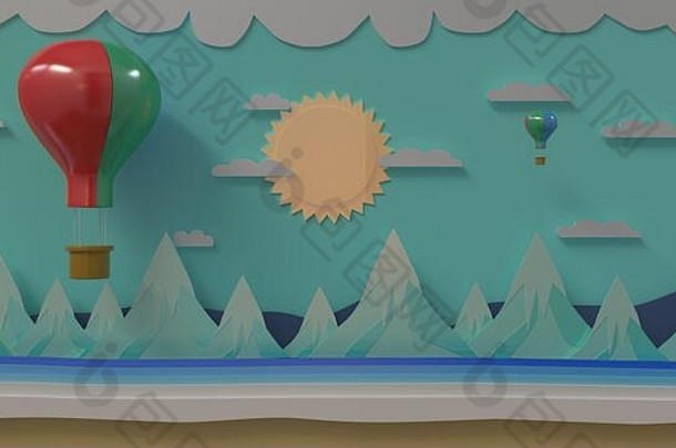 气球浮点数冰山云太阳纸切割图形插画家