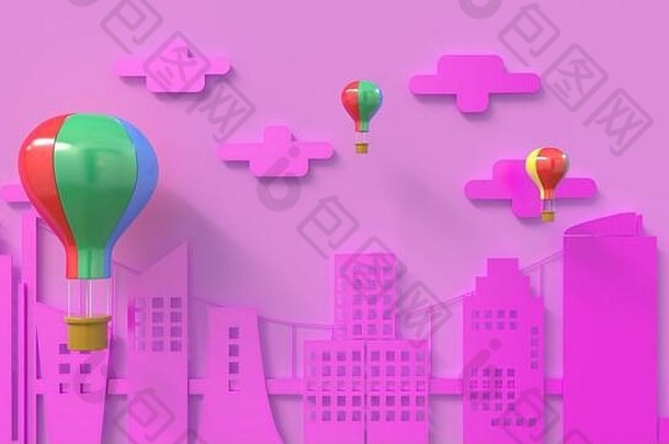 气球浮动城市呈现纸减少图形插画家