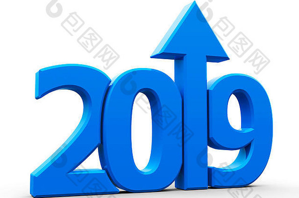 蓝色的箭头孤立的白色背景代表增长一年三维呈现插图