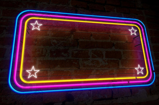 霓虹灯背景光框架砖墙电矩形星星墙概念插图复古的风格textless背景