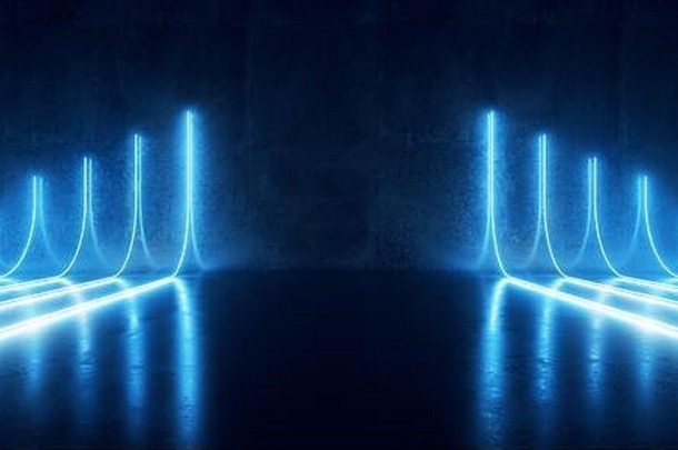 未来主义的科幻现代空阶段反光混凝土房间经典潘通色卡蓝色的发光的<strong>霓虹灯</strong>管形状空空间壁纸背景