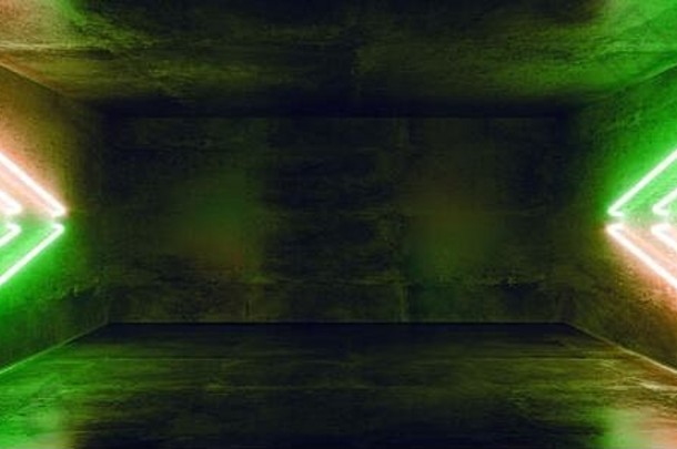 未来主义的科幻现代宇宙飞船俱乐部聚会，派对黑暗混凝土房间箭头形状的绿色橙色发光的霓虹灯管呈现插图
