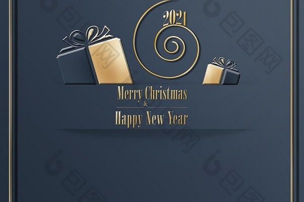 优雅的奢侈品时尚的快乐圣诞节快乐一年卡黑暗<strong>蓝色</strong>的颜色金礼物盒子金框架闪亮的金螺旋插图