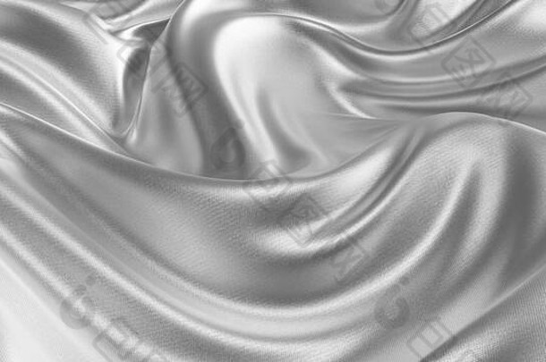 银丝绸波浪织物摘要背景关闭特写镜头波及丝绸织物光滑的优雅的银丝绸缎呈现