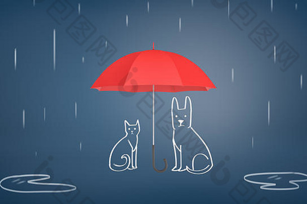 呈现开放红色的伞覆盖粉笔画猫狗雨蓝色的背景