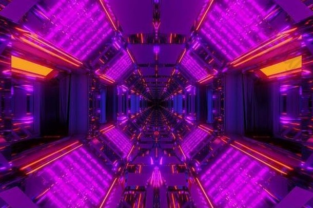 未来主义的科幻隧道走廊最佳化很酷的反射没完没了的发光的灯插图背景壁纸