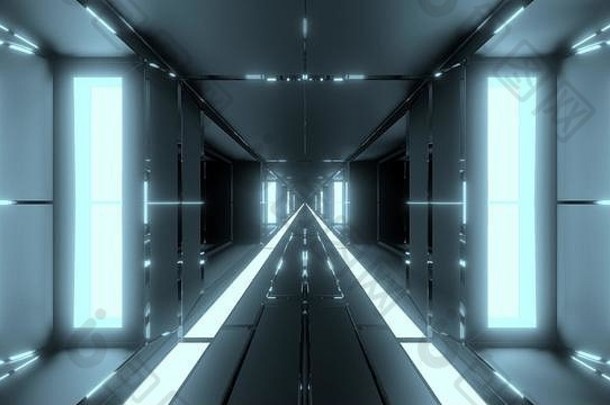清洁未来主义的科幻隧道走廊玻璃窗户没完没了的热金属插图背景壁纸