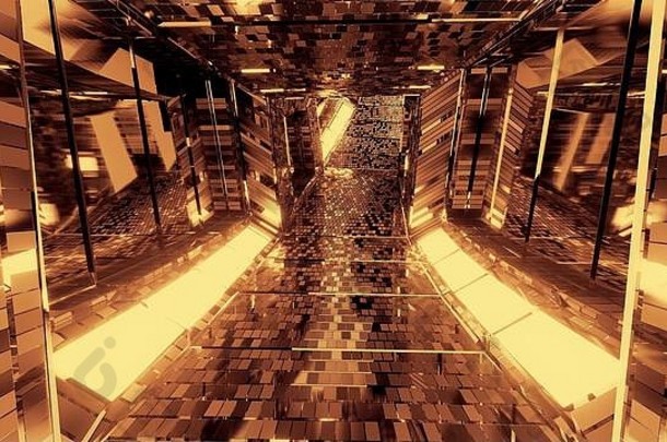 未来主义的反光科幻隧道走廊发光的灯砖纹理插图背景壁纸