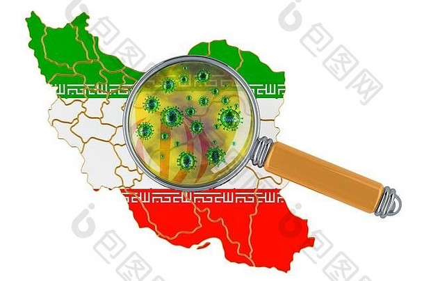 伊朗地图冠状病毒放大镜呈现孤立的白色背景