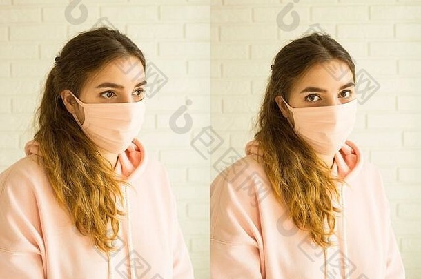 高加索人女孩粉红色的丝带医疗面具保护科维德病毒流感大流行法律顾问安全概念