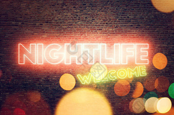 夜生活霓虹灯标志安装砖墙概念上的渲染插图