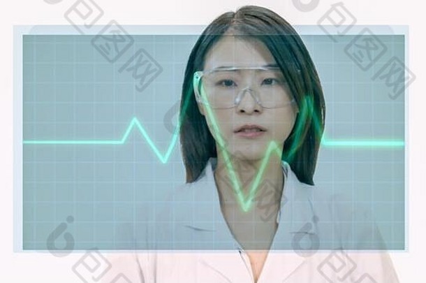 女亚洲医生虚拟医疗心电图屏幕