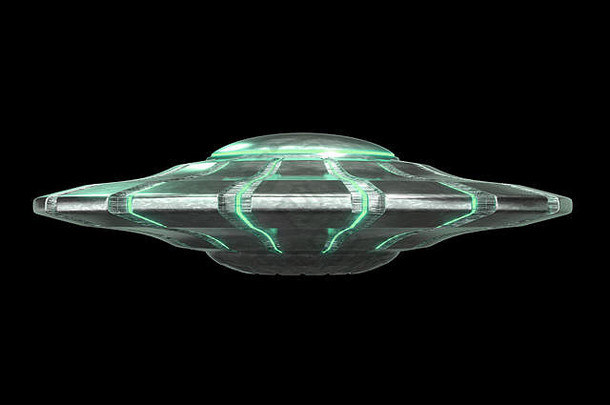 不明飞行物神秘的绿色外星人宇宙飞船外星游客飞行飞碟科学小说空间渲染孤立的黑色的背景