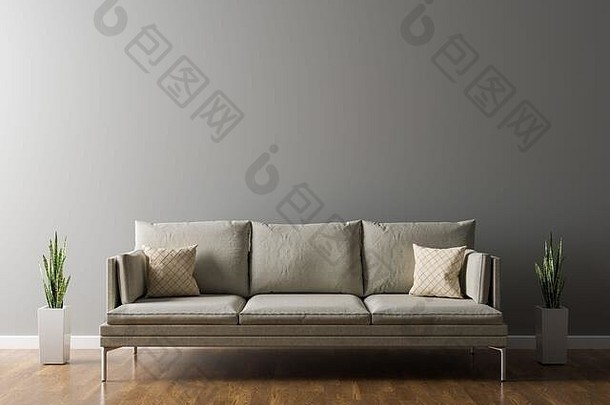 现代设计室内斯堪的那维亚沙发<strong>家具</strong>平原孤立的墙插图