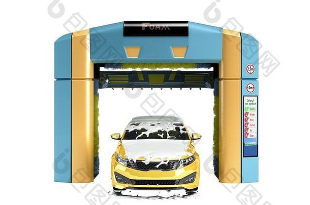 自动车洗概念黄色的车覆盖泡沫站内部机器人垫圈渲染白色影子