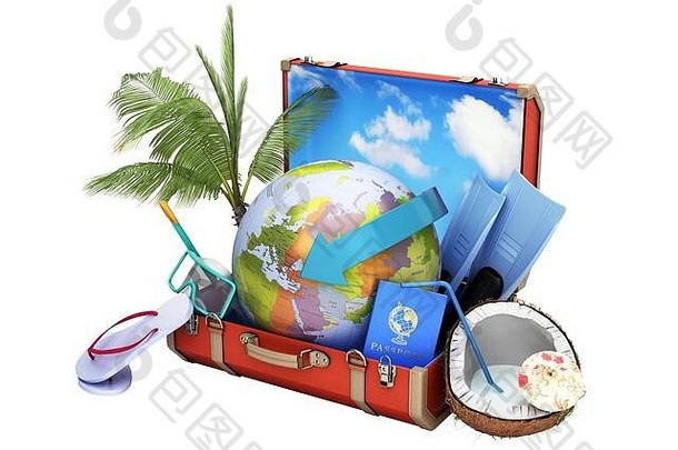 现代夏天旅行概念手提箱全球内部配件夏天假期渲染白色影子