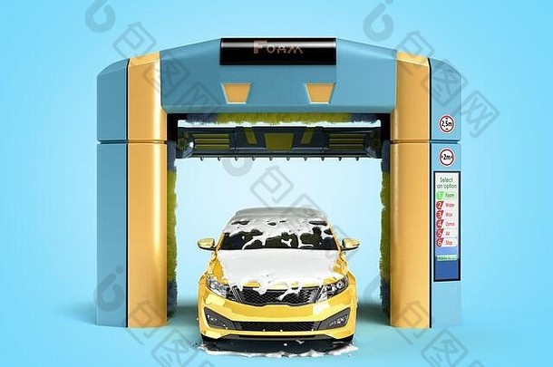 自动车洗概念黄色的车覆盖泡沫站内部机器人垫圈渲染蓝色的梯度