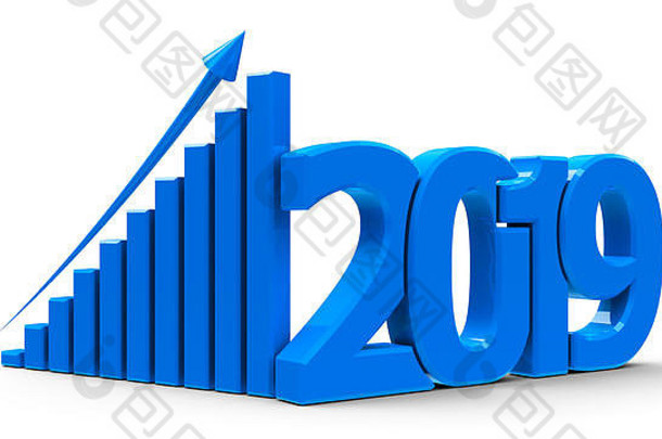 蓝色的业务图箭头象征代表增长一年三维呈现插图