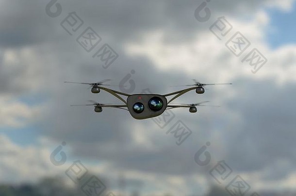 现代相机无人机飞行前面视图未来主义的黑色的概念云天空插图