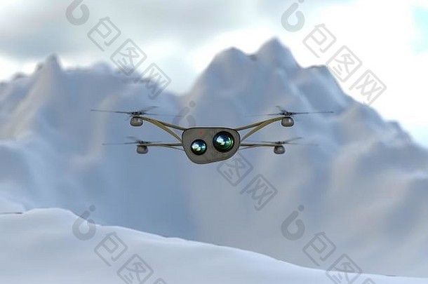 现代相机无人机飞行前面视图未来主义的黑色的设想山插图