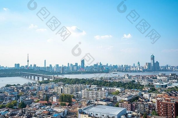 空中视图武汉城市全景天际线建筑长江河