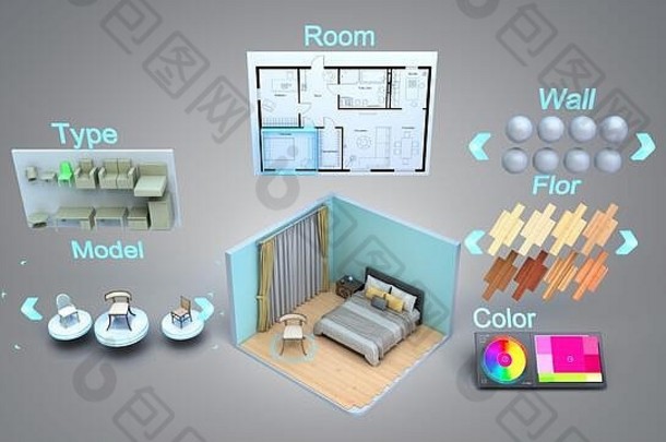 现代概念很快创建室内设计房间设计构造函数渲染灰色梯度