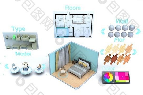 现代概念很快创建室内设计房间设计构造函数渲染白色