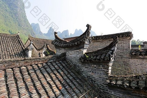传统的中国人房子屋顶玉村yangshuo桂林中国