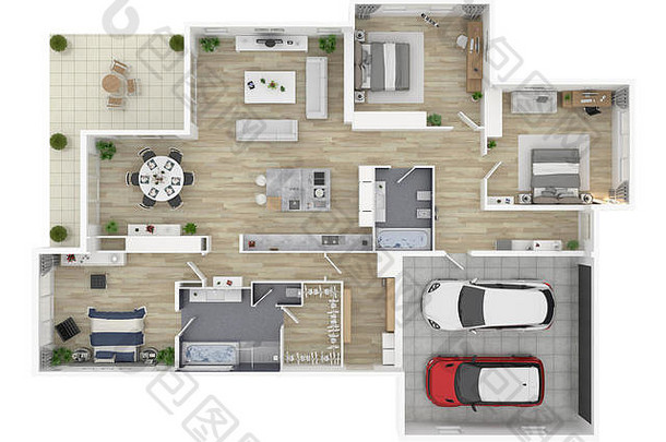 地板上计划房子前视图插图开放概念生活房子布局