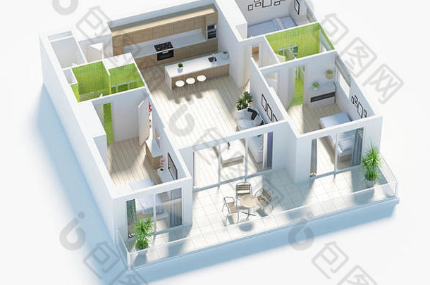 地板上计划房子前视图插图开放概念生活公寓布局