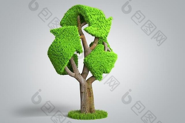 体积绿色草涂层回收标志树渲染灰色梯度