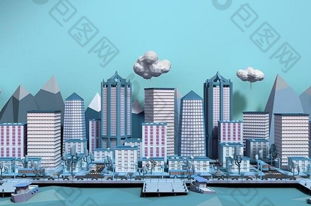 蓝色的玩具低聚城市渲染图像