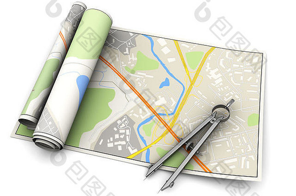插图城市地图测量工具白色背景