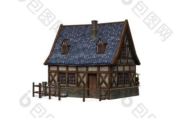 中世纪的小屋孤立的白色背景插图