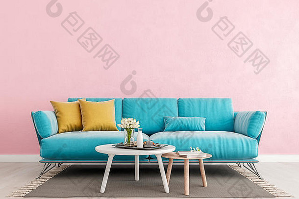 生活房间千禧粉红色的室内墙模拟光蓝色的沙发空白色墙免费的空间前渲染插图