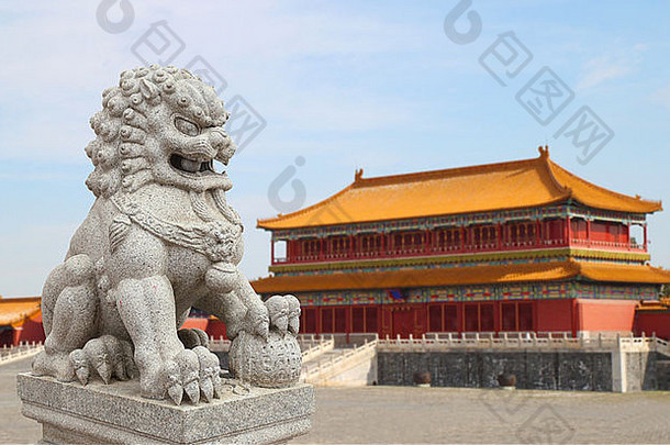 中国人帝国狮子雕像宫被禁止的城市北京中国背景