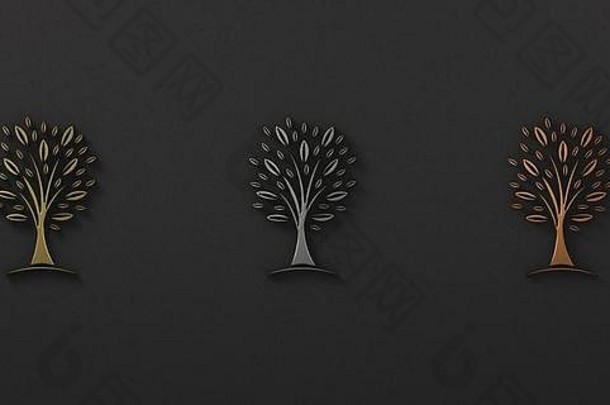 金属颜色树黑色的背景渲染插图