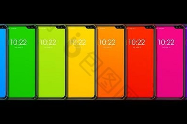 彩虹色彩斑斓的智能手机集横幅孤立的黑色的背景渲染