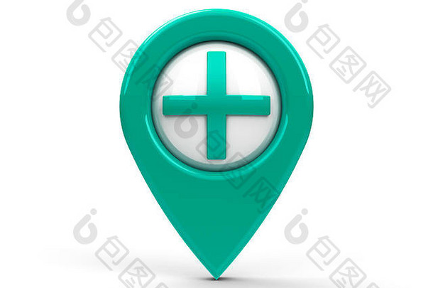 蓝色的绿色地图指针图标孤立的白色背景代表药店医院医学诊所三维呈现