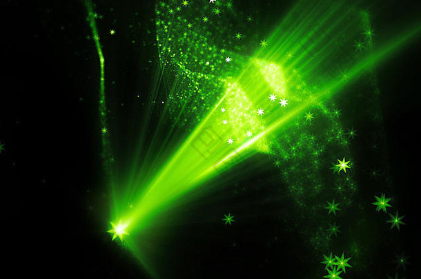 绿色发光的明星形状源射线多维矩形空间未来主义的技术电脑生成的摘要背景