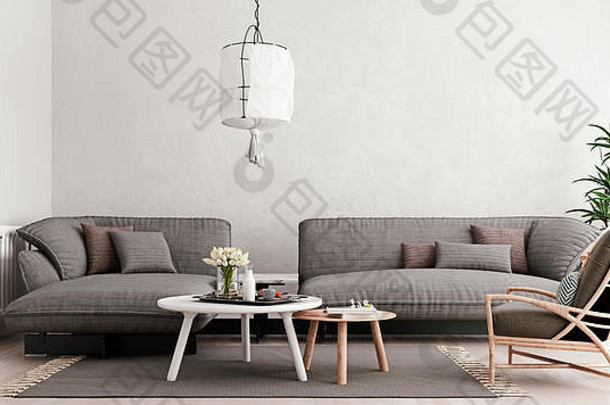 光灰色的模拟墙大灰色的模块化沙发表格集椅子生活房间斯堪的那维亚风格渲染插图