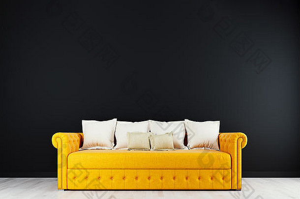 黑色的模拟墙橙色沙发现代室内背景生活房间斯堪的那维亚风格渲染插图
