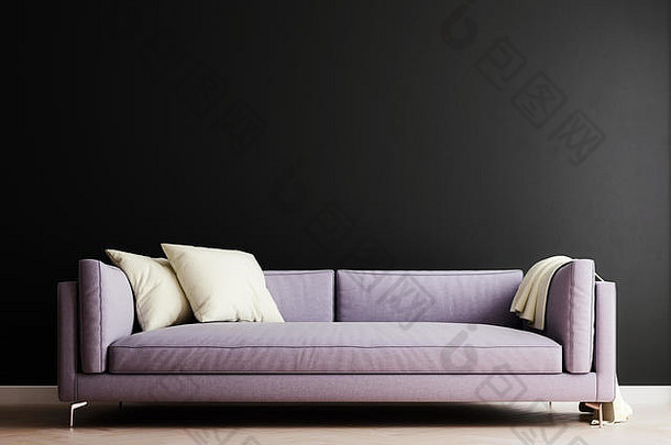 模拟墙虹膜紫罗兰色的现代室内背景生活房间斯堪的那维亚风格渲染插图