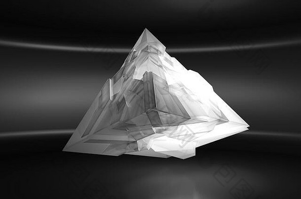 摘要白色飞行金字塔水晶对象混乱的碎片空黑暗室内呈现插图