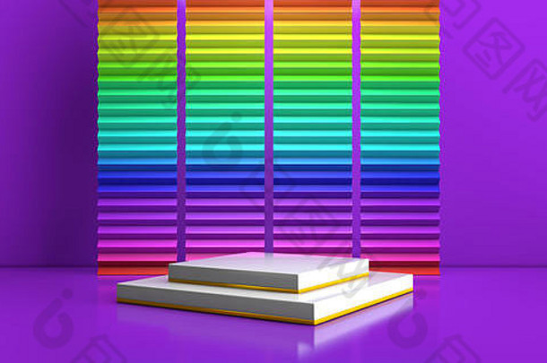 场景几何形式白色广场平台最小的紫色的背景商业广告彩虹色彩斑斓的锯齿形墙形式柔和的