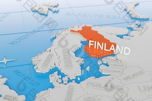 芬兰突出显示白色简化世界地图数字渲染