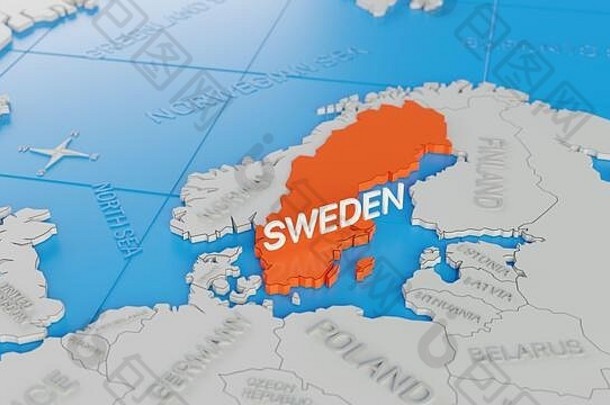 瑞典突出显示白色简化世界地图数字渲染